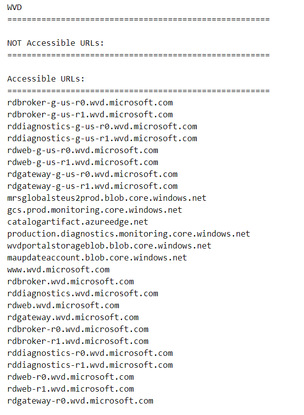 Captura de pantalla de la herramienta de dirección URL del agente de Azure Virtual Desktop que muestra que todos los FQDN y puntos de conexión son accesibles.