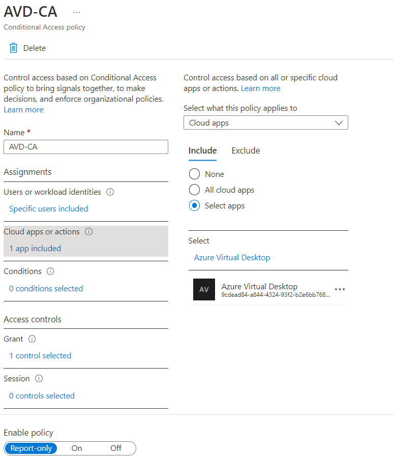 Captura de pantalla de la página de acciones o aplicaciones en la nube de acceso condicional. Se muestra la aplicación de Azure Virtual Desktop.