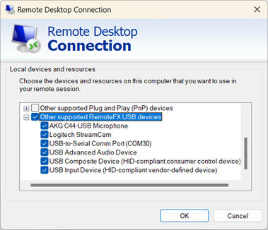 Captura de pantalla que muestra un ejemplo de periféricos USB disponibles para redirigir mediante el redireccionamiento opaco de bajo nivel.