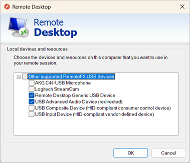Captura de pantalla que muestra el cuadro de diálogo dispositivos y recursos locales de Windows App cuando se conecta a una sesión remota.
