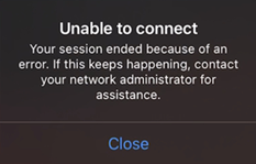 Captura de pantalla de Aplicación de Windows para iOS/iPadOS que muestra un mensaje de error que indica que la captura de pantalla está habilitada y que debe conectarse desde un cliente compatible.