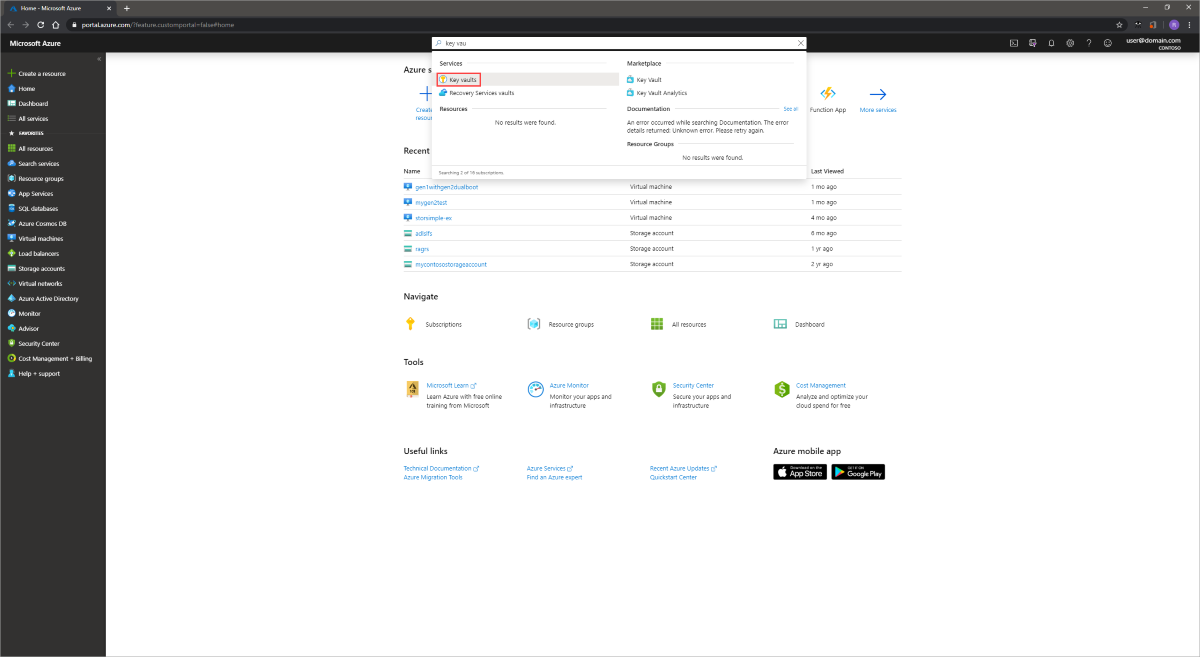 Screenshot del portal de Azure con el cuadro de diálogo de búsqueda expandido.
