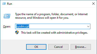 Captura de pantalla del cuadro de diálogo Ejecutar abriendo sysdm.cpl.