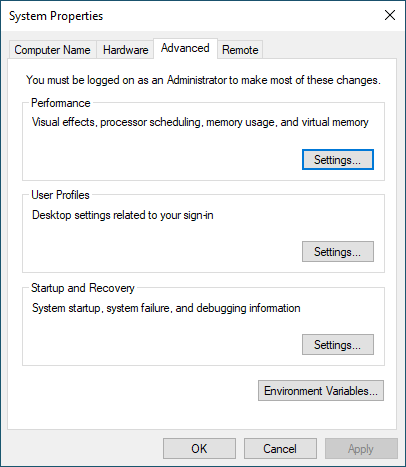 Captura de pantalla del botón para la configuración de rendimiento en la pestaña Avanzadas de las propiedades del sistema.