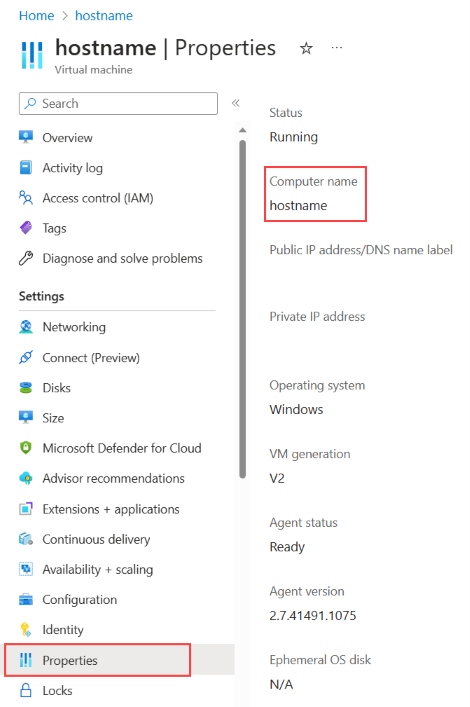 Captura de pantalla que muestra la página Propiedades de una máquina virtual y destaca el Nombre del equipo.