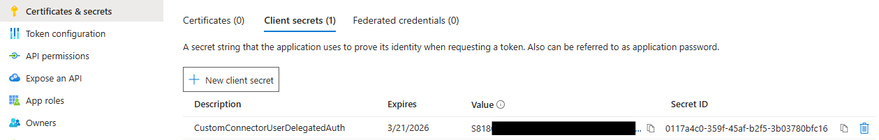 Captura de pantalla del formulario de creación de secretos de cliente.