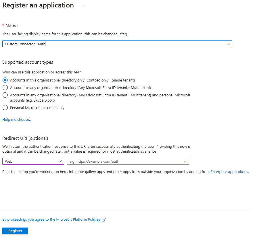 Captura de pantalla del nuevo formulario de registro de aplicaciones.