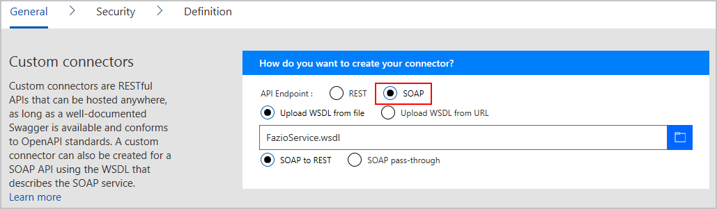 Captura de pantalla del archivo WSDL proporcionado para su API