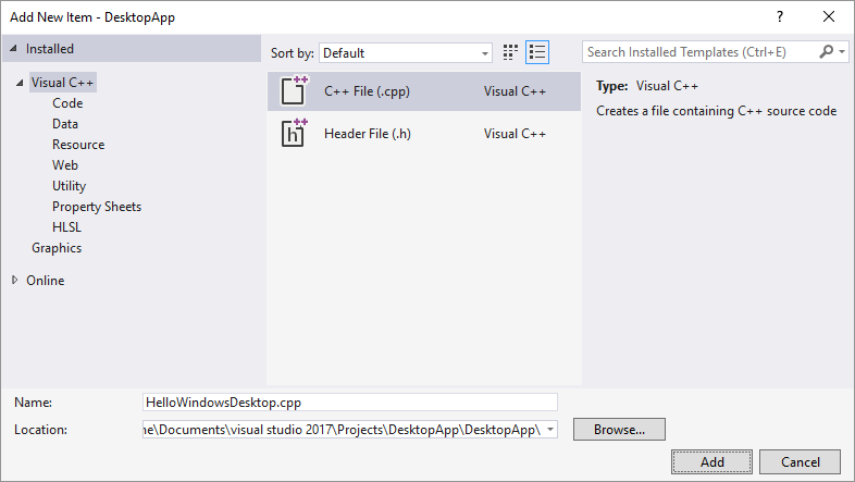 Captura de pantalla del cuadro de diálogo Agregar nuevo elemento en Visual Studio 2015 con Visual C++ seleccionado y la opción Archivo C++ resaltada.