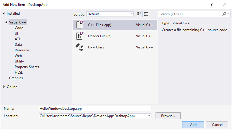 Captura de pantalla del cuadro de diálogo Agregar nuevo elemento en Visual Studio 2019. Se selecciona la opción C plus File (.cpp). El campo nombre se establece en Hello Windows Desktop.cpp.