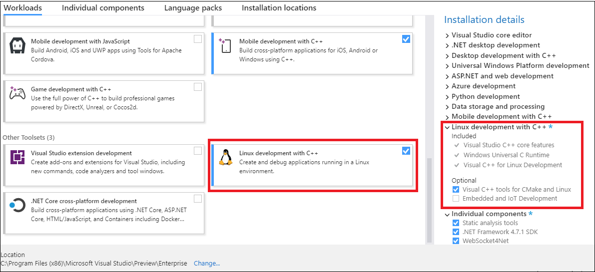 Captura de pantalla en la que se resalta el elemento de trabajo de Visual C++ for Linux Development en Instalador de Visual&nbsp;Studio.