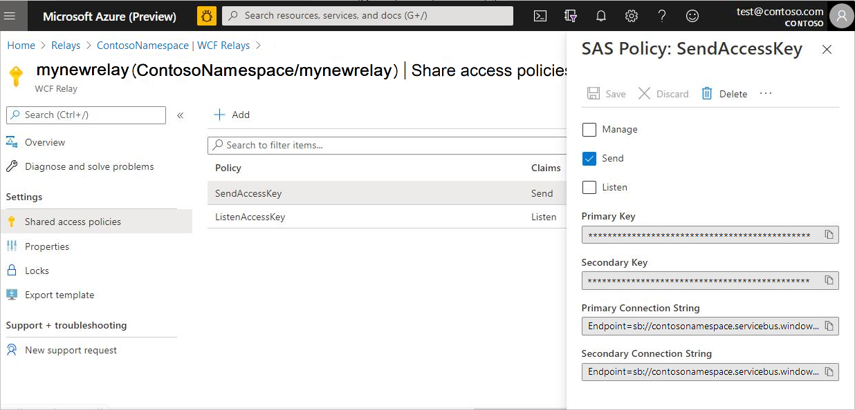 Captura de pantalla de la página de Azure Portal que contiene las claves de acceso de envío y escucha.