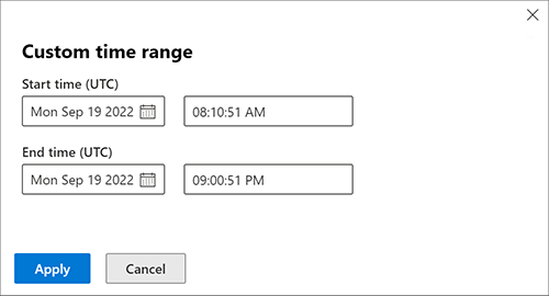 Captura de pantalla de la opción intervalo de tiempo personalizado en la configuración de consulta de búsqueda avanzada.