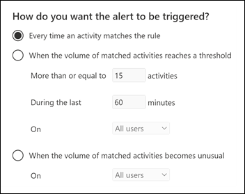 Configure cómo se desencadenan las alertas, en función de cuándo se produzca la actividad, un umbral o una actividad inusual para su organización.
