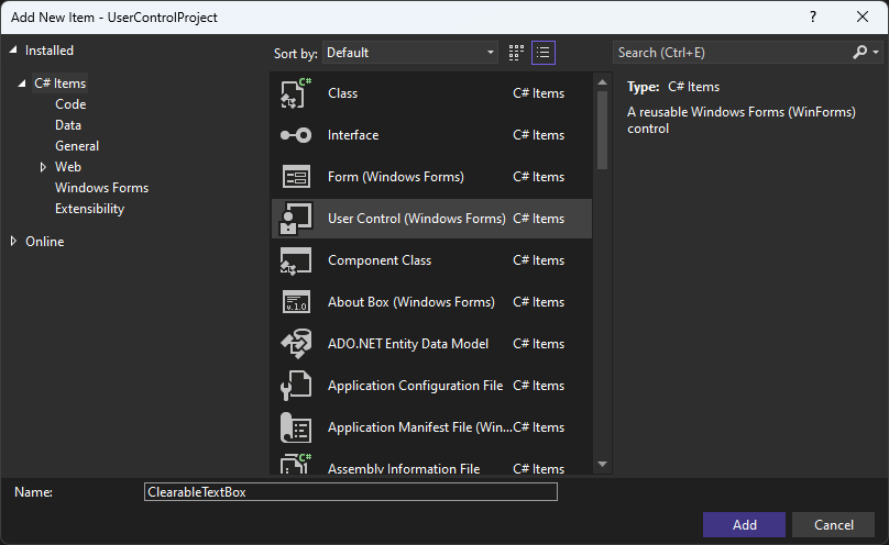 Cuadro de diálogo Agregar elemento en Visual&nbsp;Studio para Windows&nbsp;Forms