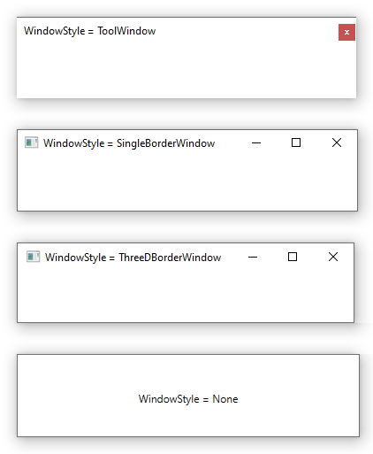 Captura de pantalla que muestra cómo WindowStyle afecta a una ventana en WPF.