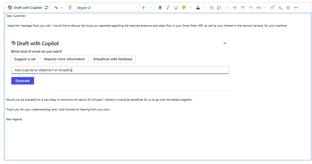 Captura de pantalla de un borrador parcial de un correo electrónico en el editor de texto enriquecido.