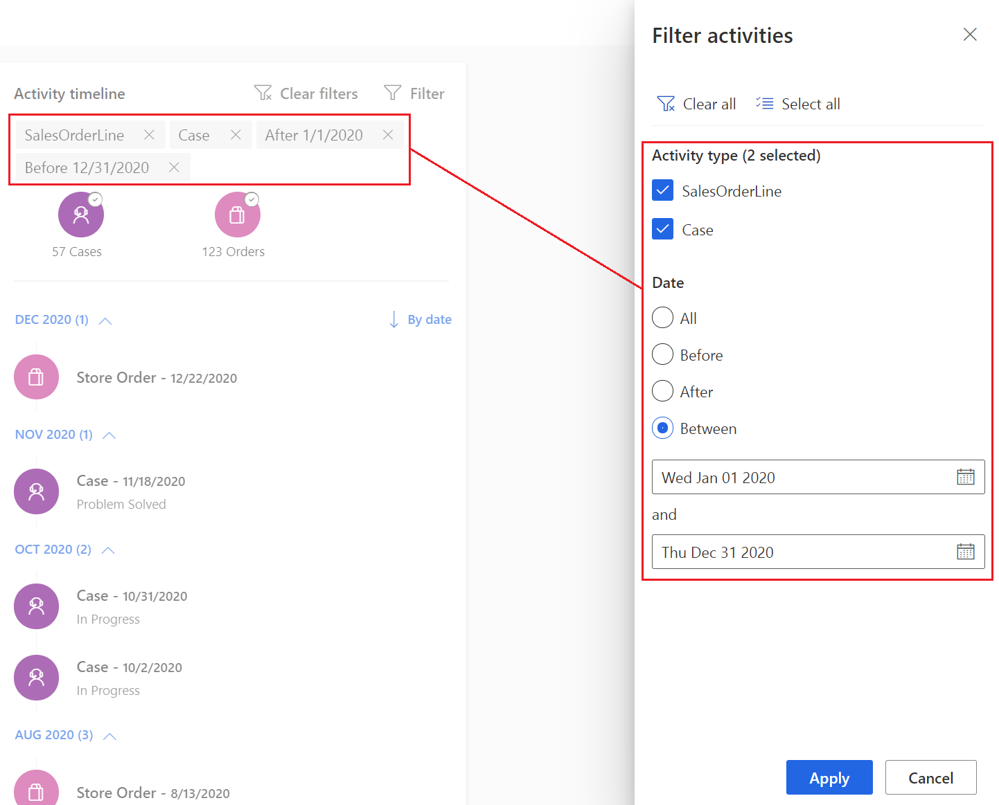 Use el panel de filtros para configurar condiciones de filtro.