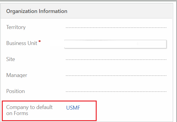 Captura de pantalla de la configuración de la empresa predeterminada en la sección Información de la organización.