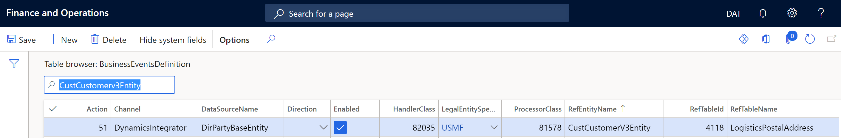 Screenshot of the BusinessEventsDefinition table browser showing the combination of the affected table and the entity name.