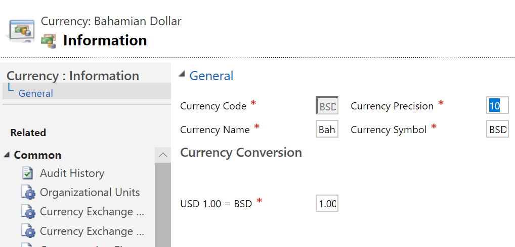 Captura de pantalla de los ajustes de divisa para una configuración regional específica.