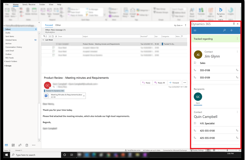 Panel de la aplicación Dynamics 365 para Outlook.