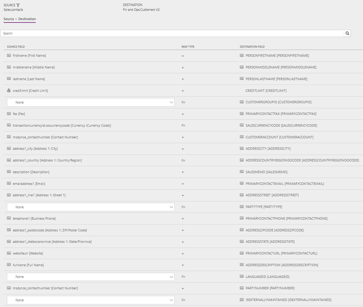 Screenshot of contact to customer template mapping in Data integrator.