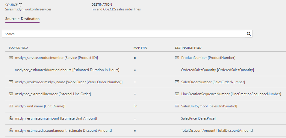Screenshot of template mapping in Data integration for Work orders to Sales orders (Field Service to Supply Chain Management): WorkOrderServiceLineEstimate.