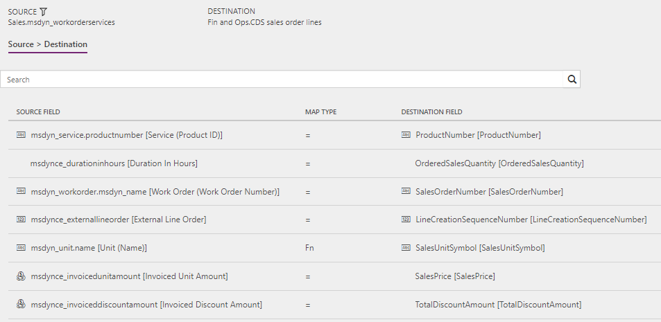 Screenshot of template mapping in Data integration for Work orders to Sales orders (Field Service to Supply Chain Management): WorkOrderServiceLineUsed.