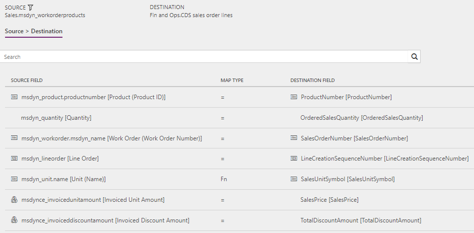 Screenshot of template mapping in Data integration for Work orders to Sales orders (Field Service to Supply Chain Management): WorkOrderProductLineUsed.
