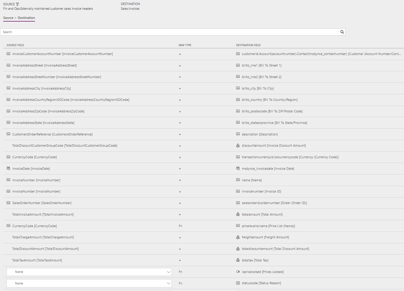 Screenshot of template mapping in Data integration for SalesInvoiceHeader.
