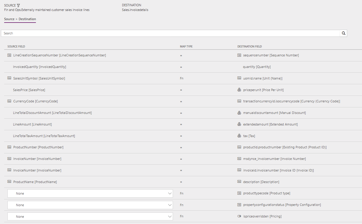Screenshot of template mapping in Data integration for SalesInvoiceLine.