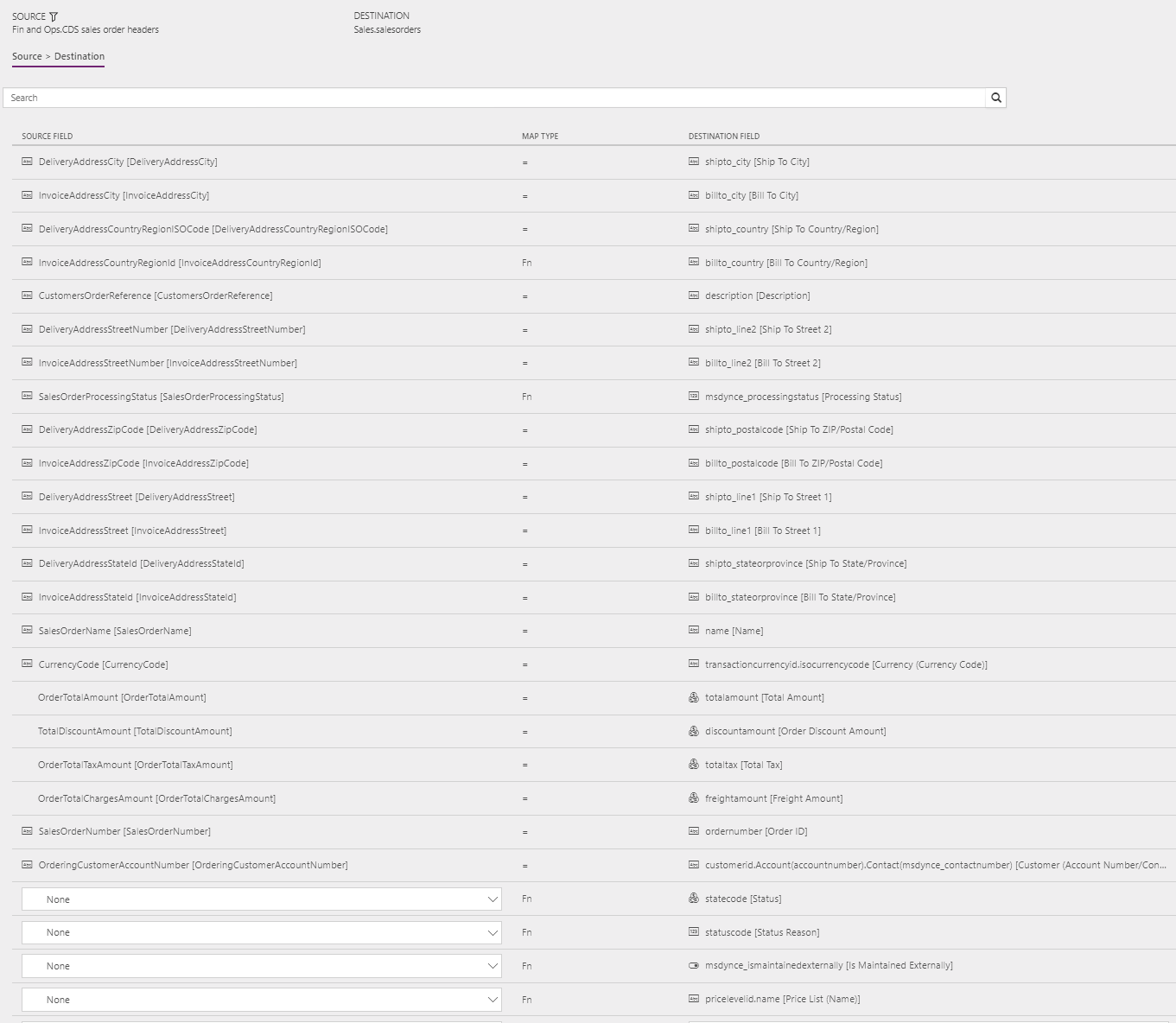Screenshot of template mapping in Data integration, Sales Orders (Supply Chain Management to Sales) - Direct: OrderHeader.