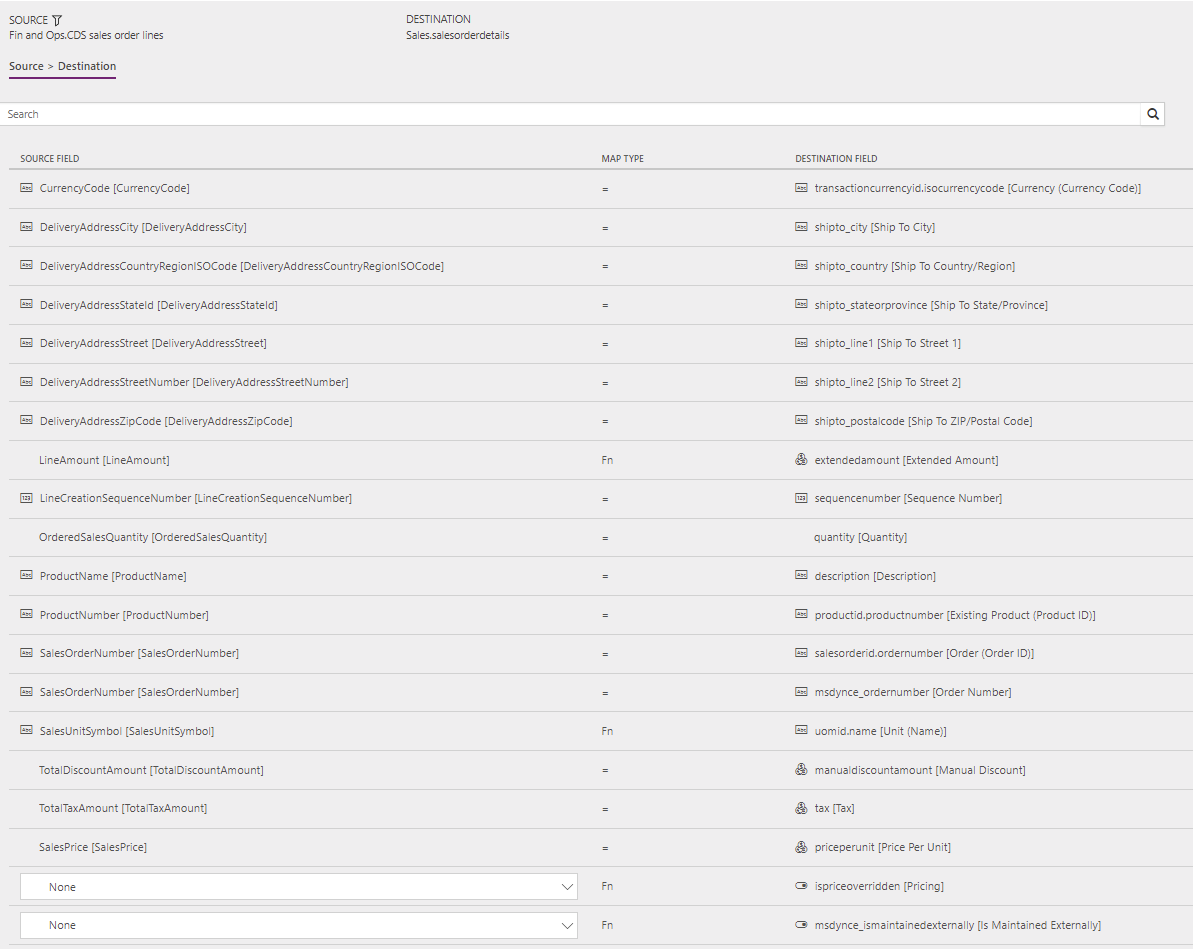 Screenshot of template mapping in Data integration, Sales Orders (Supply Chain Management to Sales) - Direct: OrderLine.