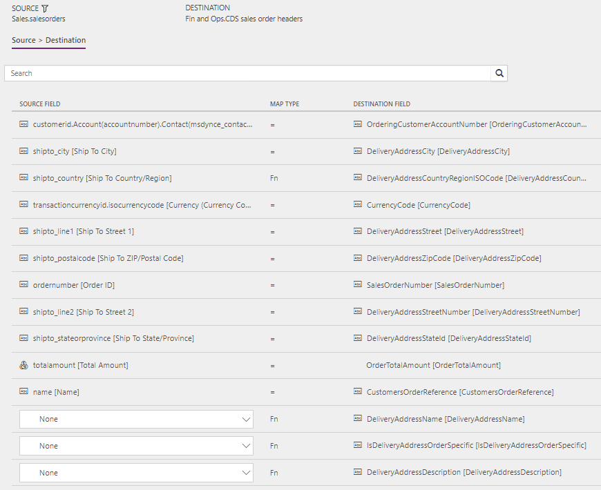 Screenshot of template mapping in Data integration, Sales Orders (Sales to Supply Chain Management) - Direct: OrderHeader.