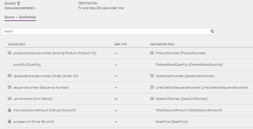 Screenshot of template mapping in Data integration, Sales Orders (Sales to Supply Chain Management) - Direct: OrderLine.