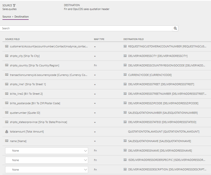 Screenshot of template mapping in data integrator, QuoteHeader.