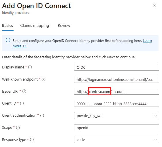 Segmento de dominio de URI del emisor que se usa para domain_hint en la configuración personalizada de OpenID Connect.