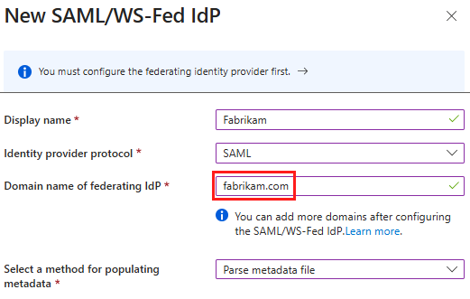Nombre de dominio del proveedor de identidades de federación usado para domain_hint en la configuración de SAML.