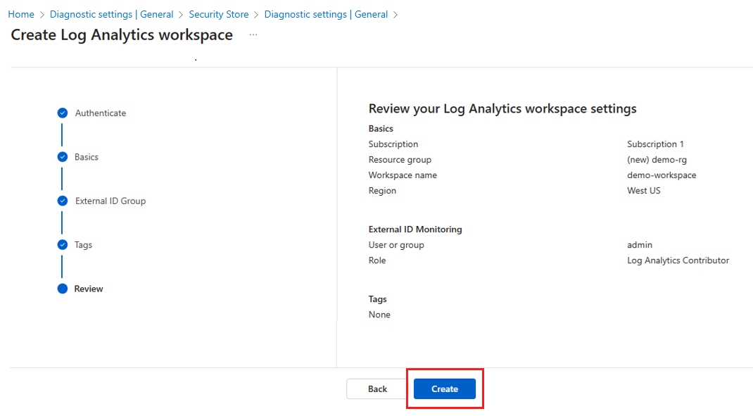 Captura de pantalla que muestra cómo revisar y crear el área de trabajo de Log Analytics.