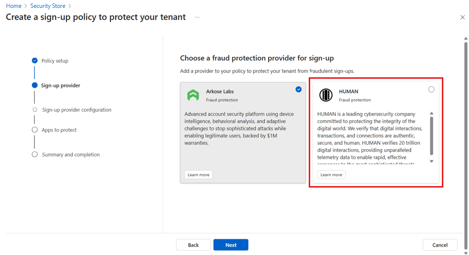 Captura de pantalla en la que se selecciona el proveedor de protección contra fraudes de HUMAN Security.