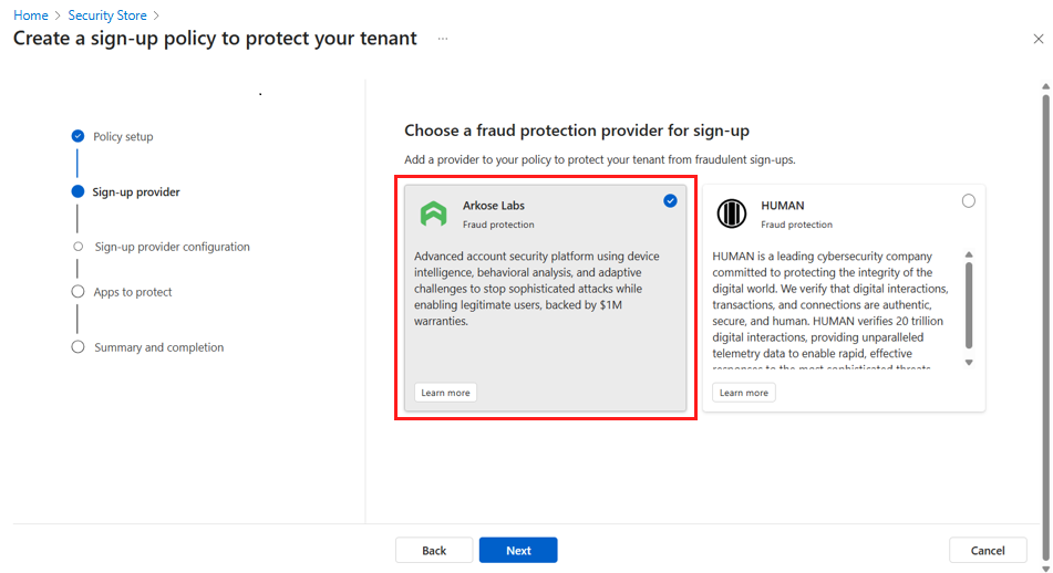 Captura de pantalla que muestra la selección del proveedor de protección contra fraudes de Arkose Labs.