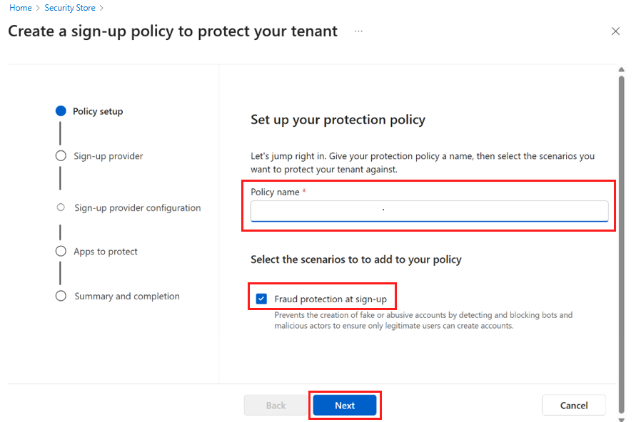 Captura de pantalla que muestra la configuración de una directiva de protección.