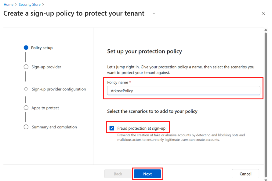Captura de pantalla que muestra la configuración de una directiva de protección.