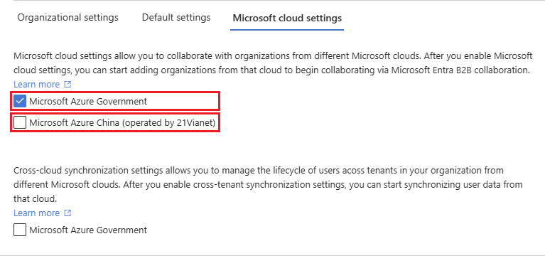 Página de configuración de la nube de Microsoft con opciones de nube externas seleccionadas.