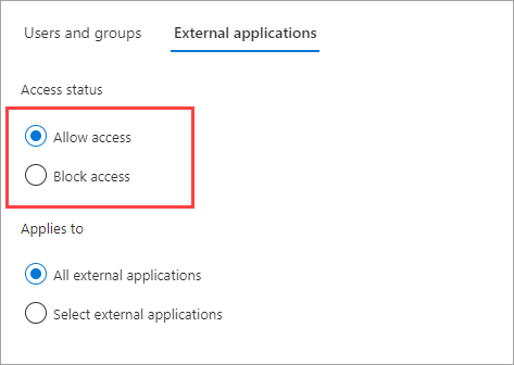 Captura de pantalla que muestra el estado de acceso de las aplicaciones para la colaboración b2b.