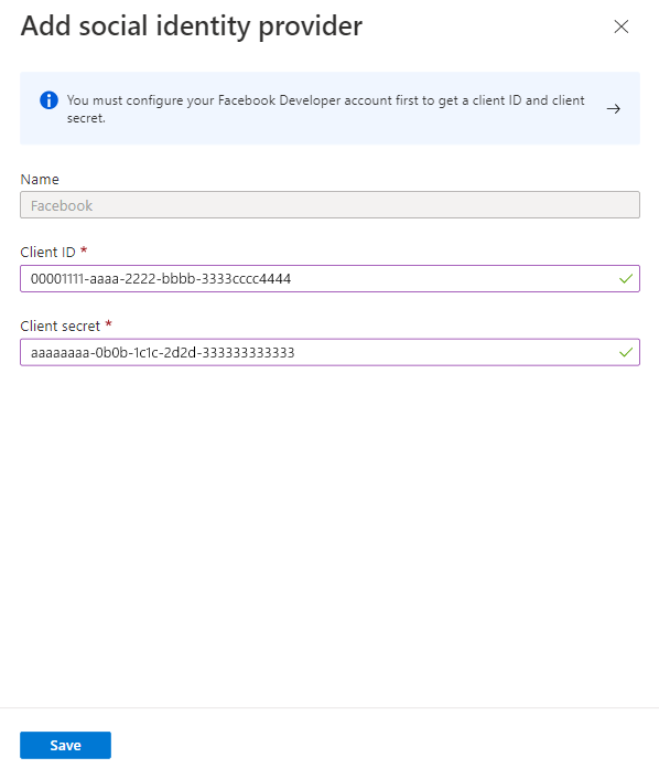 Screenshot del panel de configuración del proveedor de identidades de Facebook en el Microsoft Entra admin center con los campos Id. de cliente y Secreto de cliente.