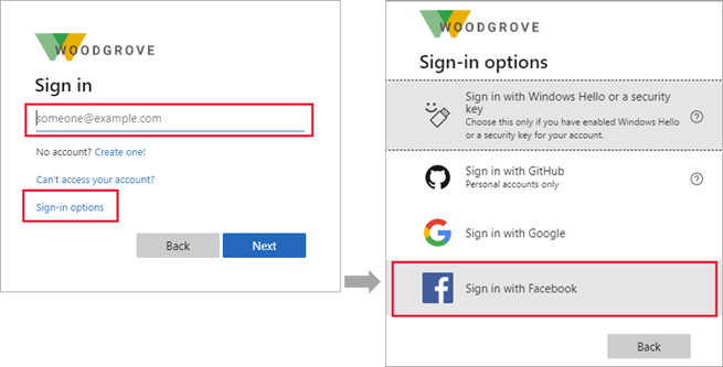 Captura de pantalla de una página de inicio de sesión de Microsoft Entra External ID que muestra las opciones de inicio de sesión y la opción Iniciar sesión con Facebook.