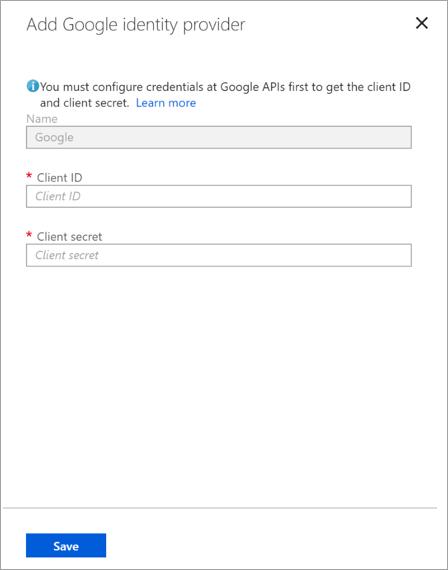 Captura de pantalla que muestra la página Agregar proveedor de identidades de Google.