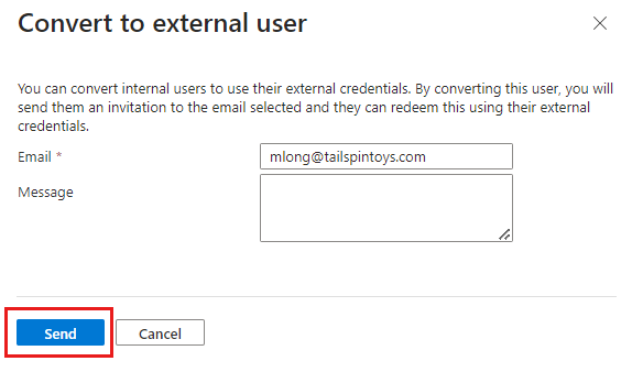 Captura de pantalla del panel Convertir en usuario externo donde se escribe una dirección de correo electrónico externa antes de enviar la invitación.
